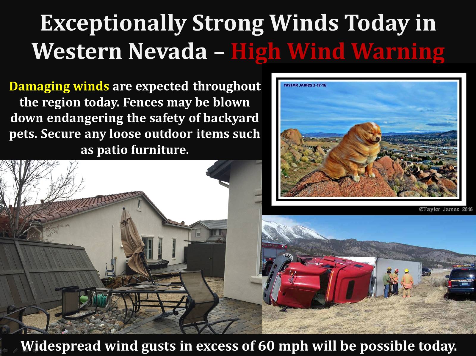 "Exceptionally Strong Winds Today in Western Nevada. Widespread wind gusts in excess of 60 mph will be possible today. " - NOAA Reno, NV today
