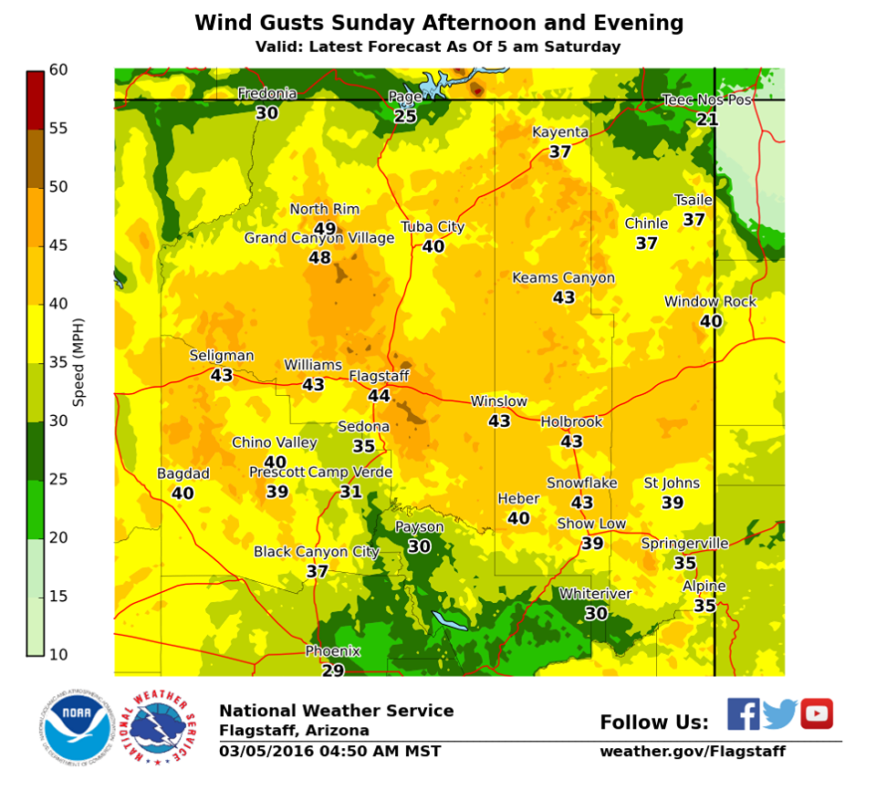 "Windy conditions are forecast for Sunday. Here is the latest wind gust forecast as of 5 am Saturday. Avoid outdoor burning and put lit cigarettes out. Lit cigarettes if not properly disposed, can cause Wildland Fires!" - NOAA Flagstaff, AZ today