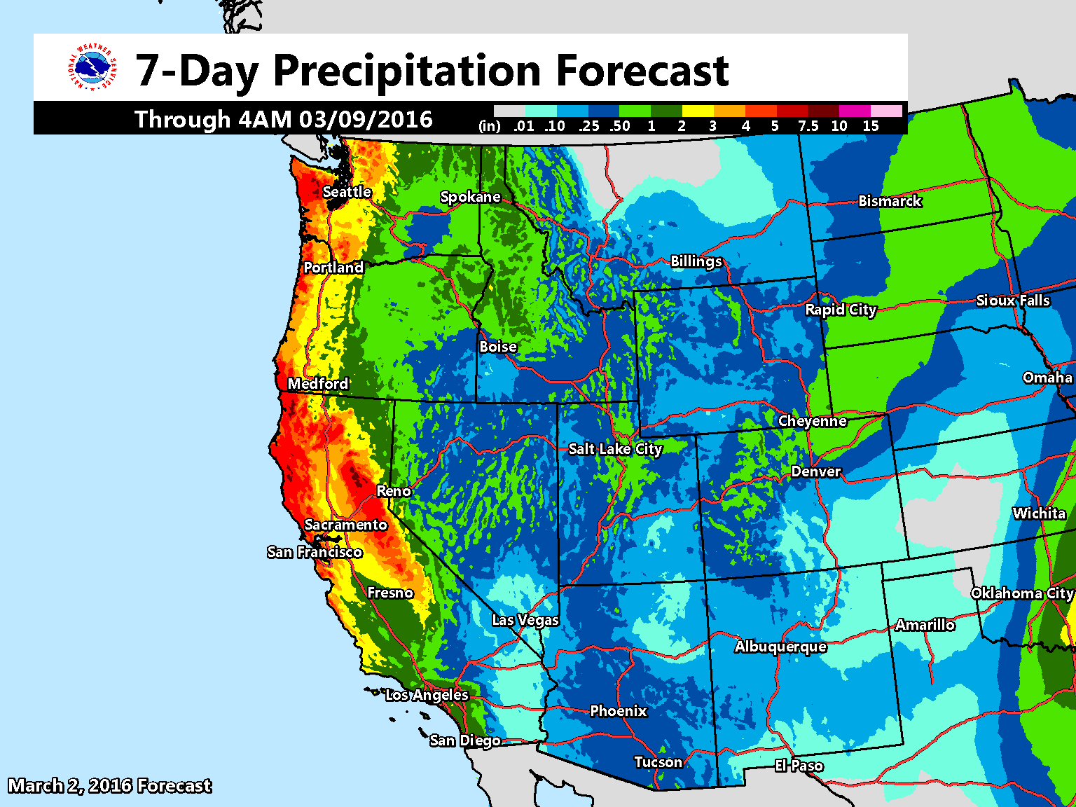 "More active weather pattern still on track for much of the western U.S. over the next week. Here is a look at the latest 7 day precipitation forecast." - NOAA, today