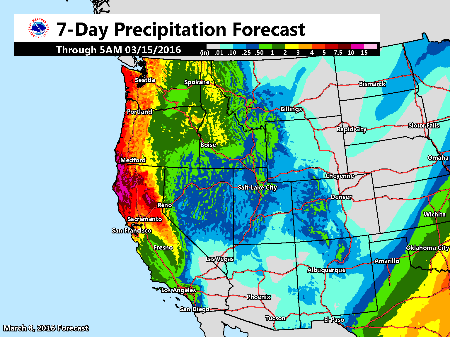 "Active weather pattern continues across the western U.S. this week! Here is a look at the 7 day precipitation forecast!" - NOAA, today