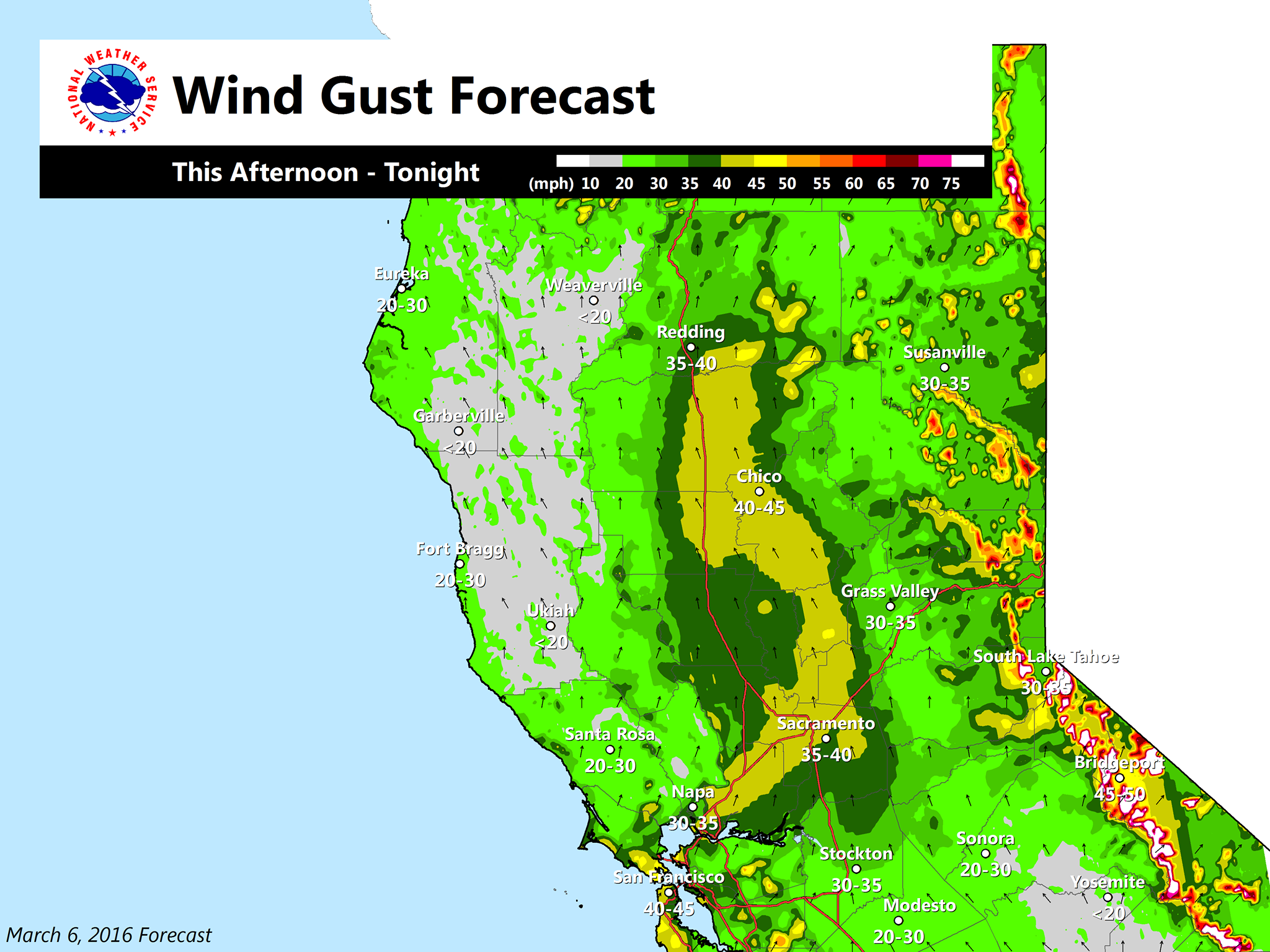 "This evening, another system will move in bringing more rain/wind. Winds will be weaker than our previous storm although still quite strong. 1-2 ft. of snow above 4000ft!" - NOAA Sacramento, CA today