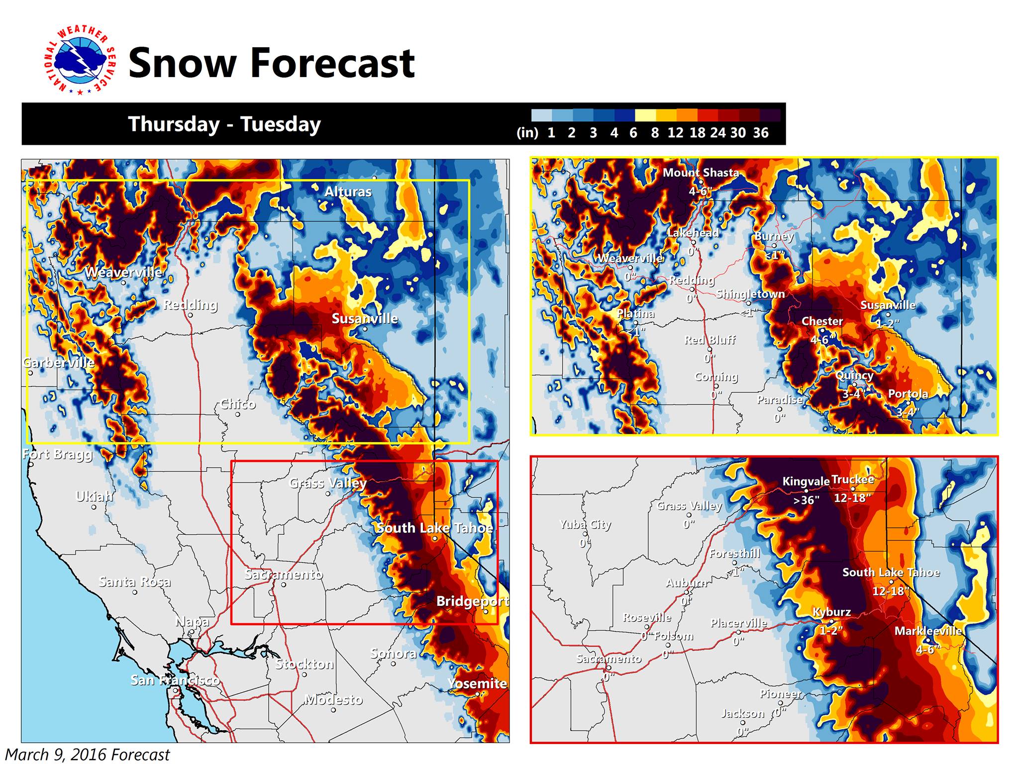 "Mountain snow will pile up this weekend into early next week! 1 to 3 feet is possible above 5000 feet with up to 5 feet along higher peaks! " - NOAA Sacramento, CA yesterday