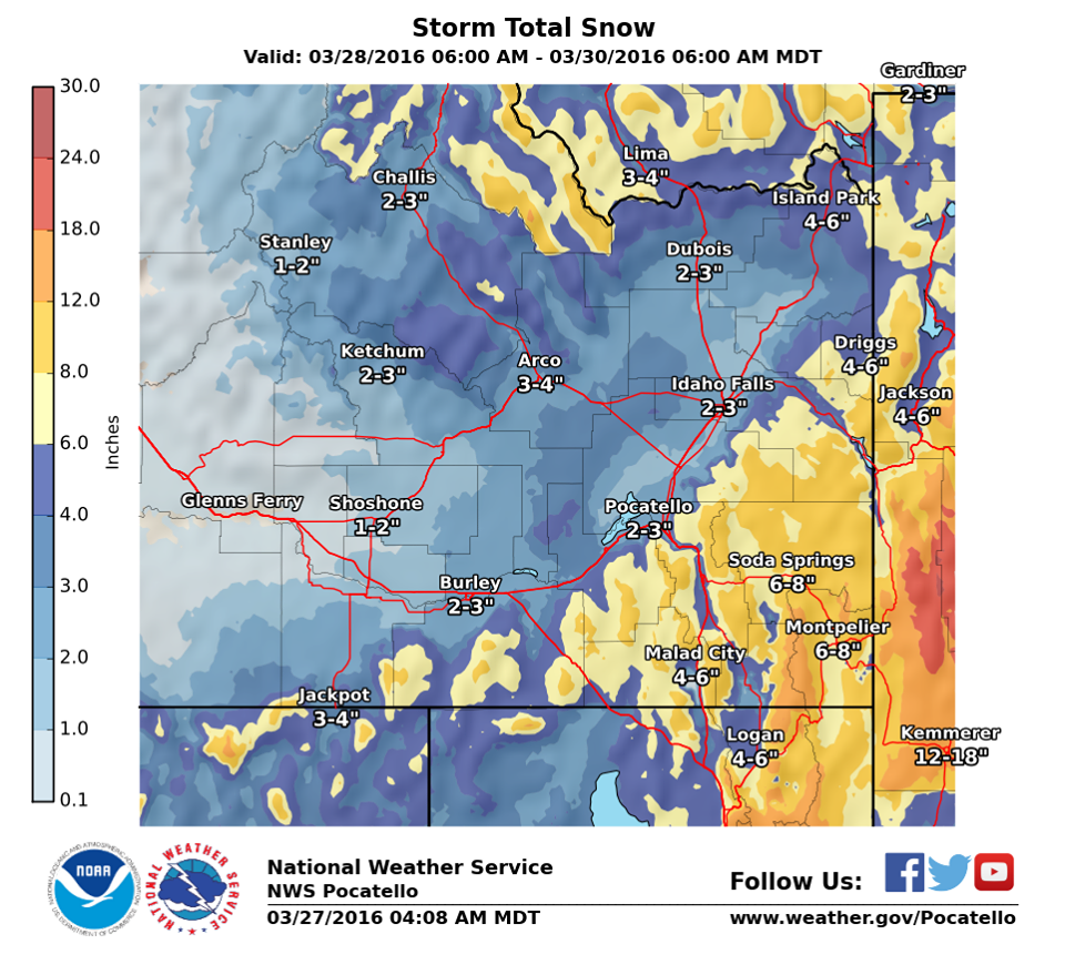 Snowfall forecast for Idaho Monday-Tuesday. image: noaa, yesterday