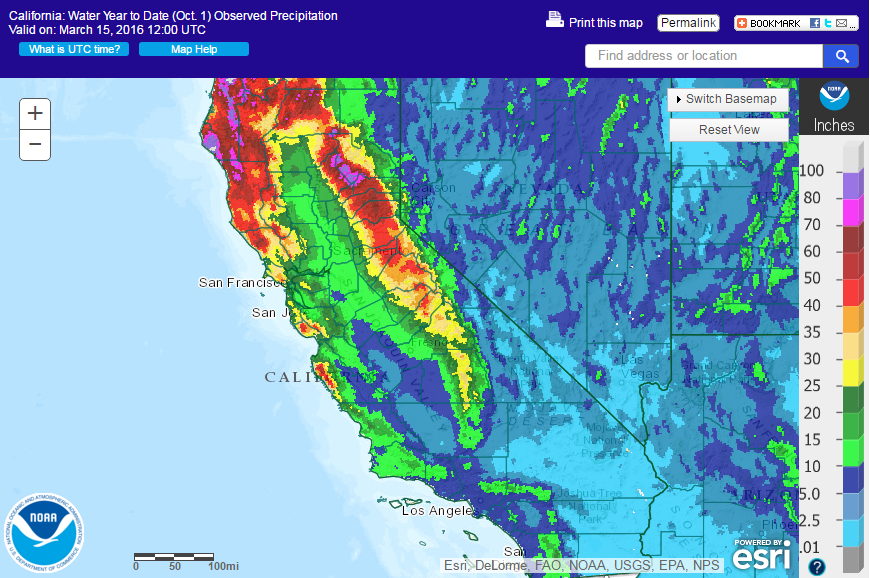 "“Sharing a couple of images displaying the current water year to date (October 1, 2015 through March 15, 2016) precipitation across the continental U.S. and a zoom in on the state of California. Areas that have received the highest precipitation, like the Pacific NW down through Northern California and the Southeast U.S., really stand out.” – NOAA, March 16th, 2016
