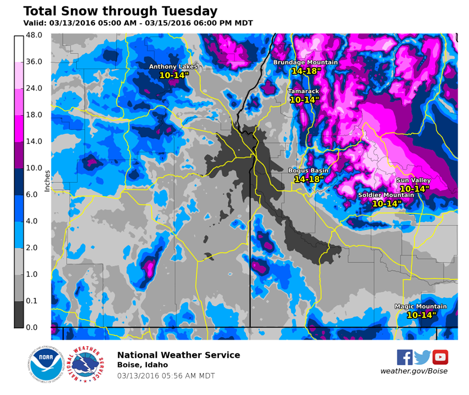 " ❄ Significant mountain snow expected today through Monday. Here are total amounts through Tuesday." - NOAA Boise, ID today
