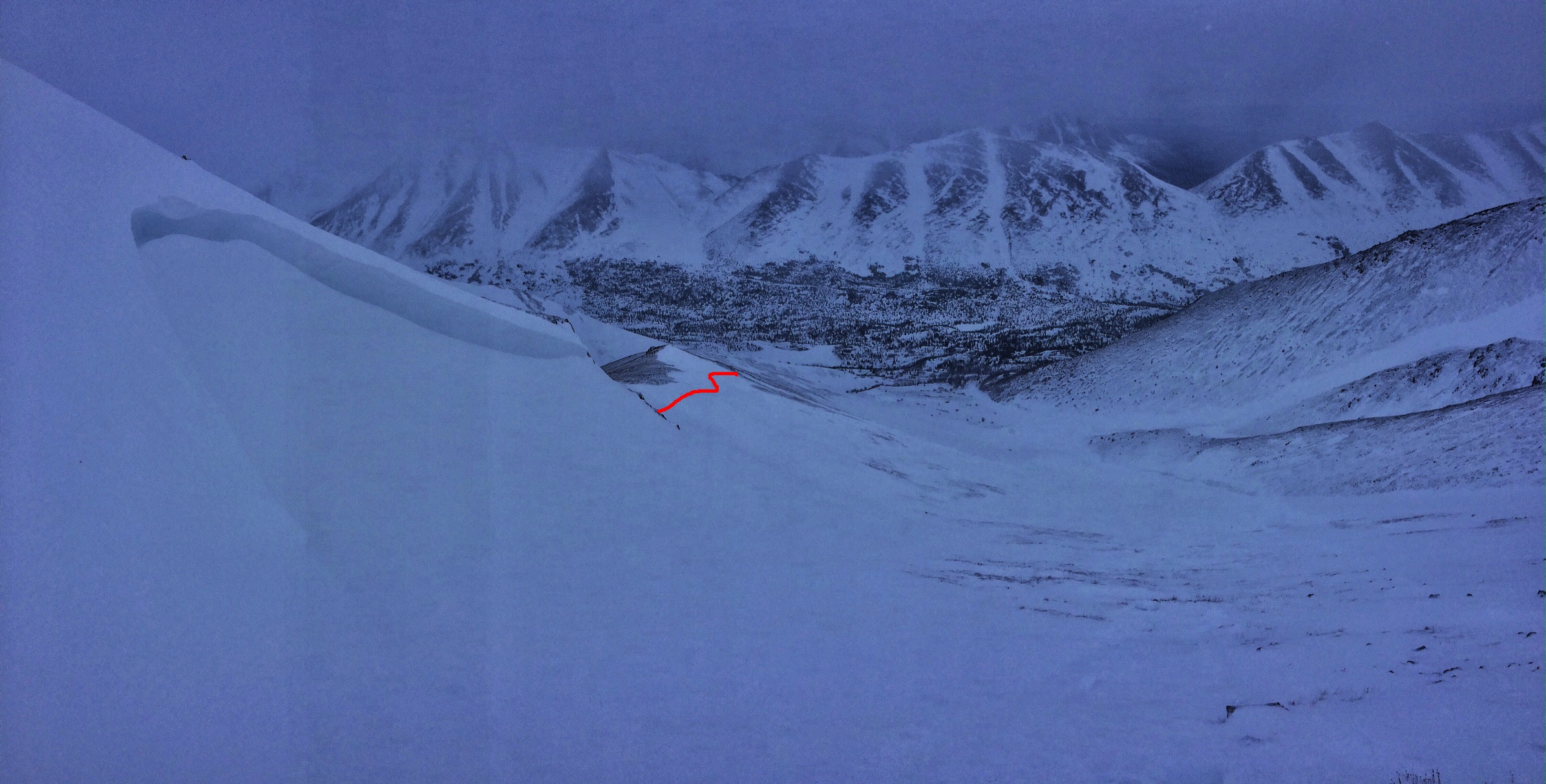 Avalanche crown and propagation in red. Debris down below where dog was buried. photo: aac