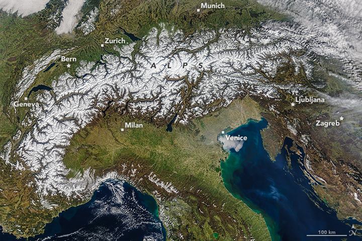 The Alps buried in Snow on March 20th, 2016. image: NASA