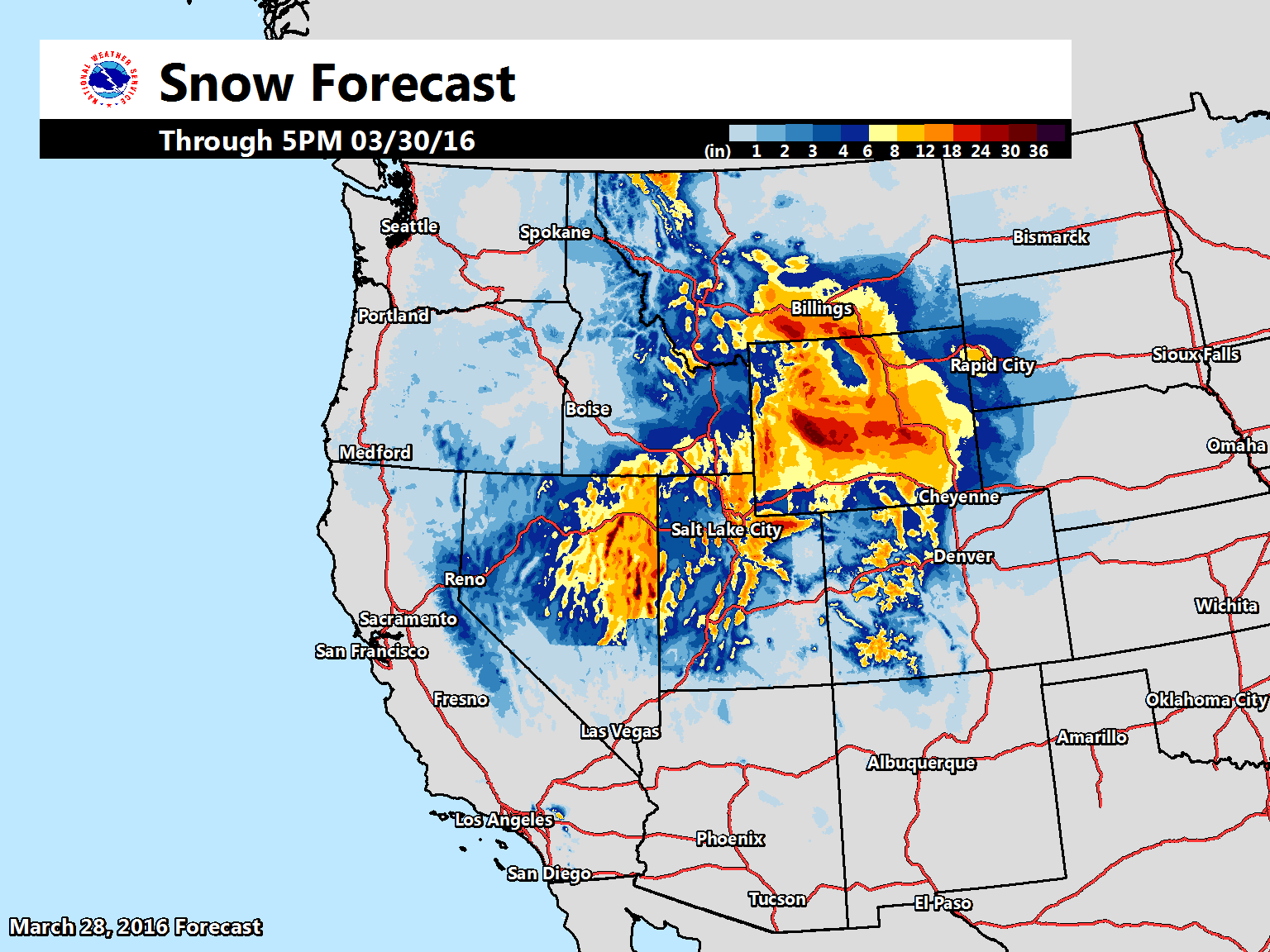"Potent spring storm will continue to bring snow across the west over the next couple of days. Here is a look at the forecast amounts through Wednesday afternoon." - NOAA, today