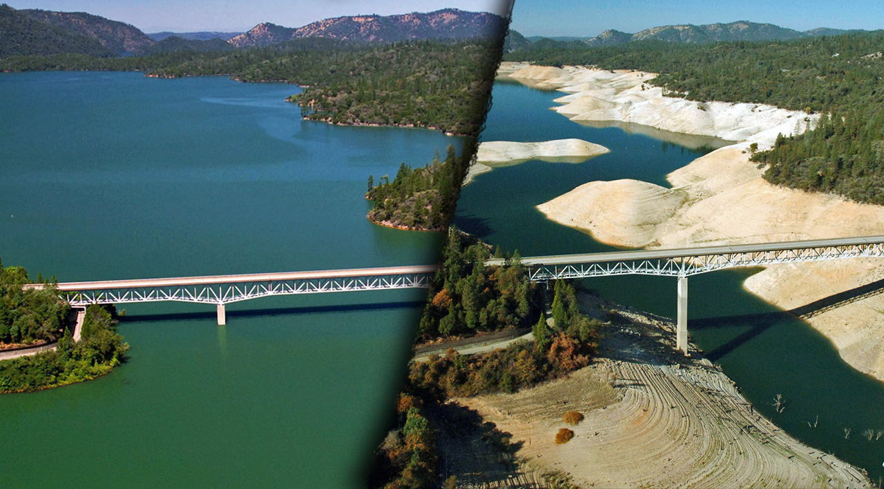 Lake Oroville before the drought and during the drought