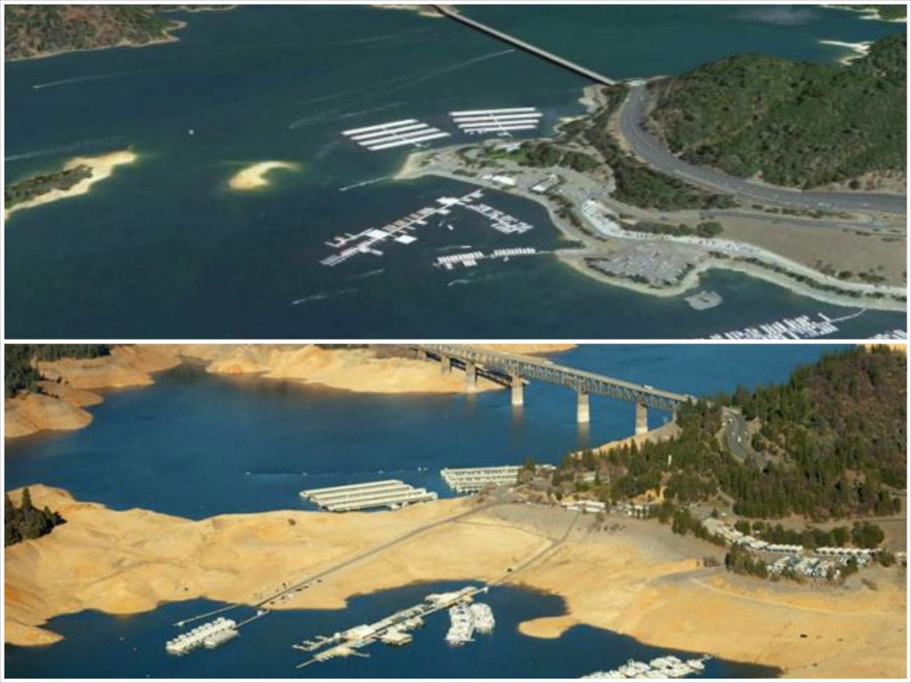 Lake Shasta before the drought and during the drought