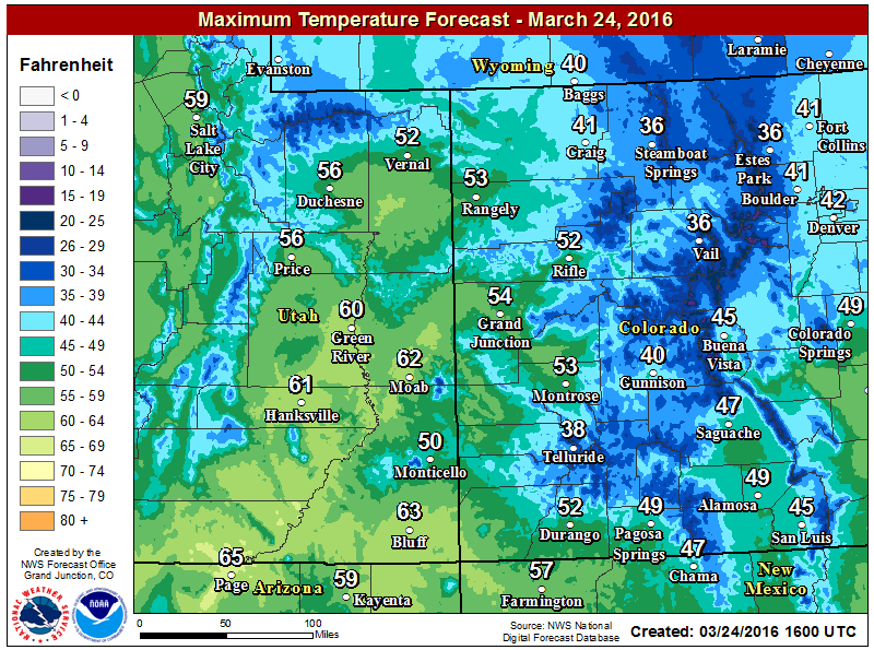 "High temperature forecast for this afternoon (March 24, 2016) " - NOAA Denver, CO today