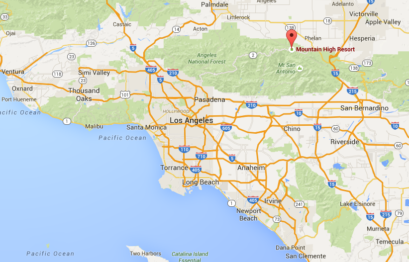 Map showing location of Mt. High ski resort, CA.