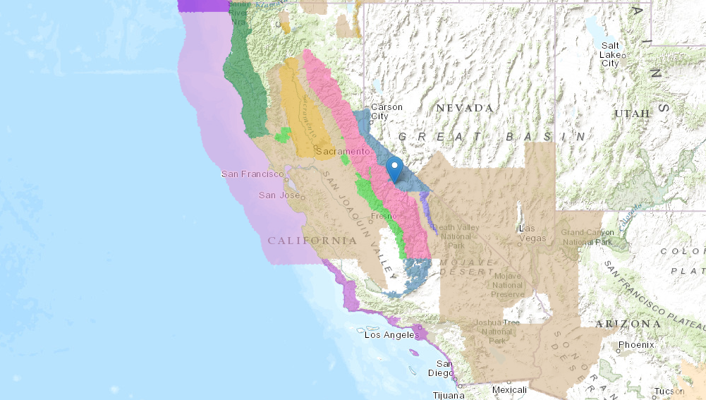 Pin = Mammoth. BLUE = Winter Storm Watch. PINK = Winter Storm Warning. BLUE = Winter Weather Advisory. image: noaa, today