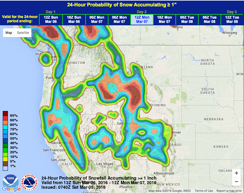 Snow is probable all over the Western US Mon-Tues. image: noaa, today