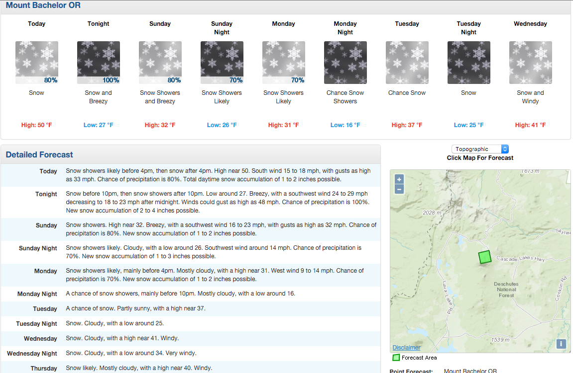 Mt. Bachelor ski resort, OR forecast looking snowy. image: noaa, today
