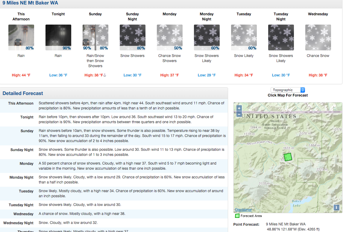 Mt. Baker ski area, MT forecast looking ok. image: noaa, today