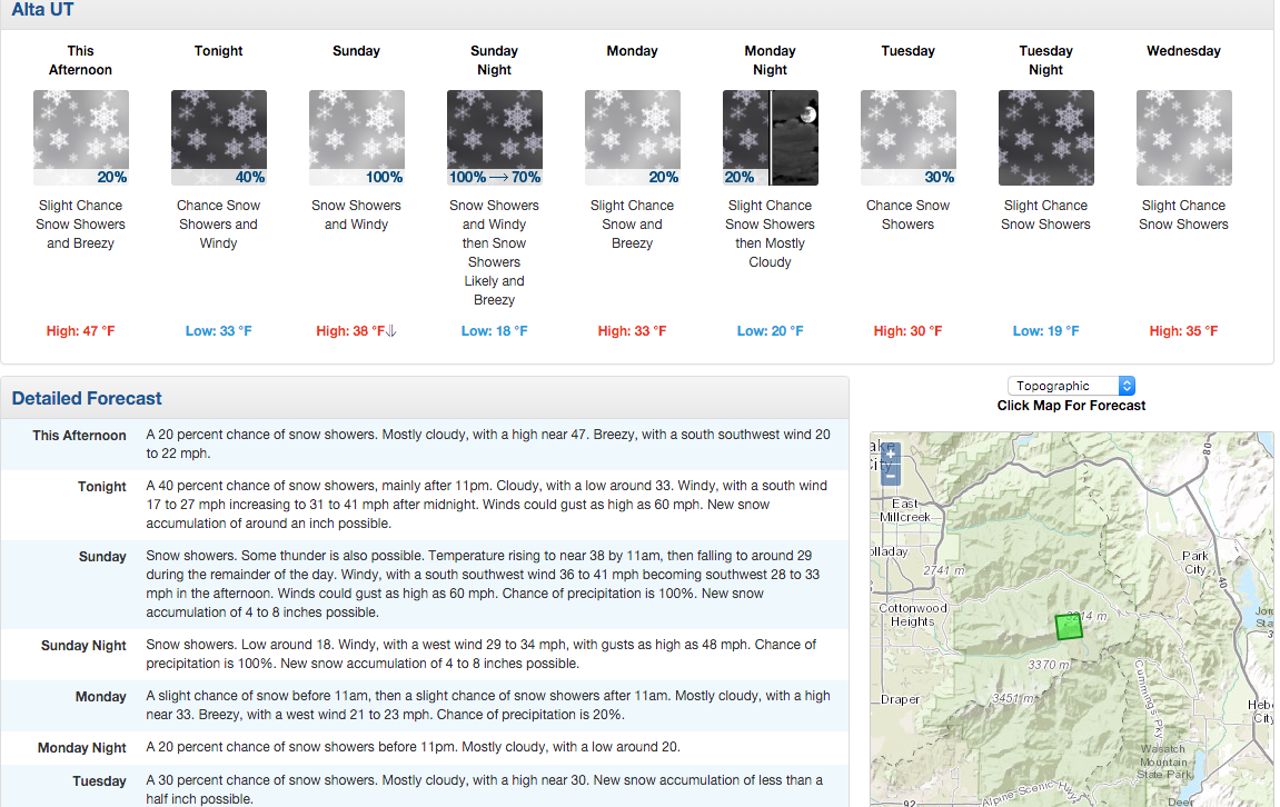 Alta ski area, UT forecast looking good. image: noaa, today