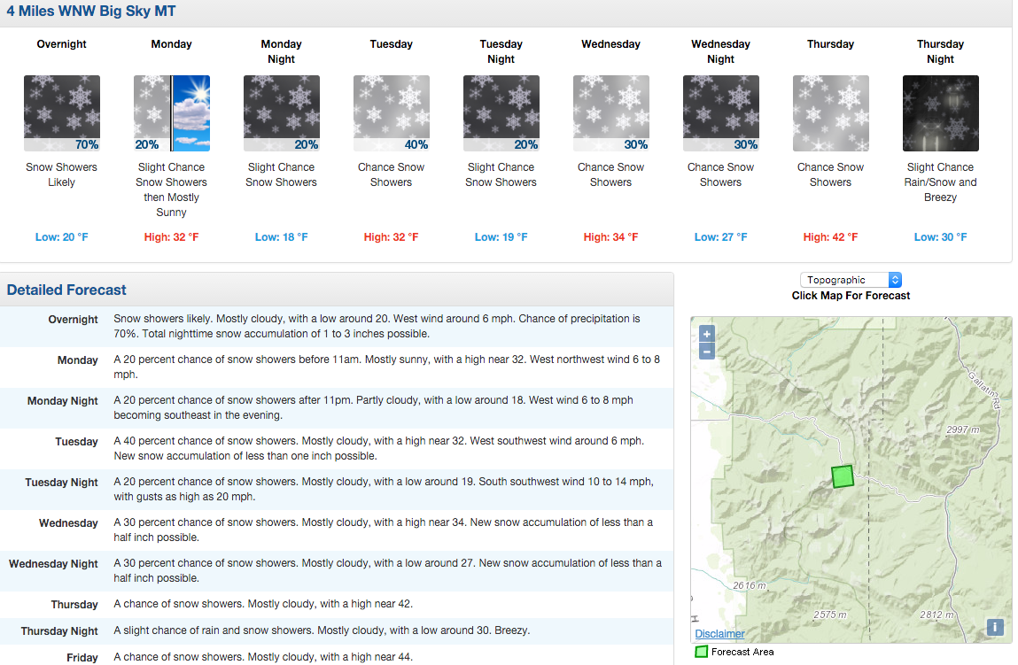 Big Sky ski resort forecast. image: noaa, today
