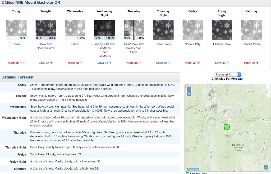 6-14" of snow forecast for Mt. Bachelor, OR between today and thursday. image: noaa, today