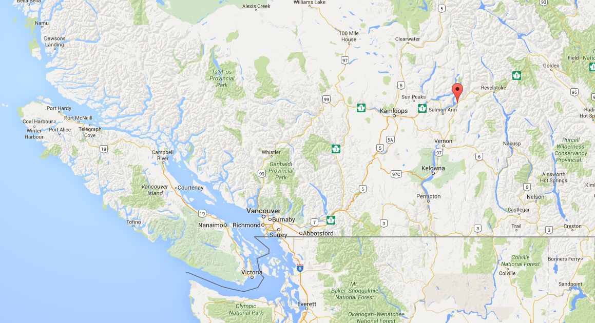 Map showing location of Sicamous, B.C.