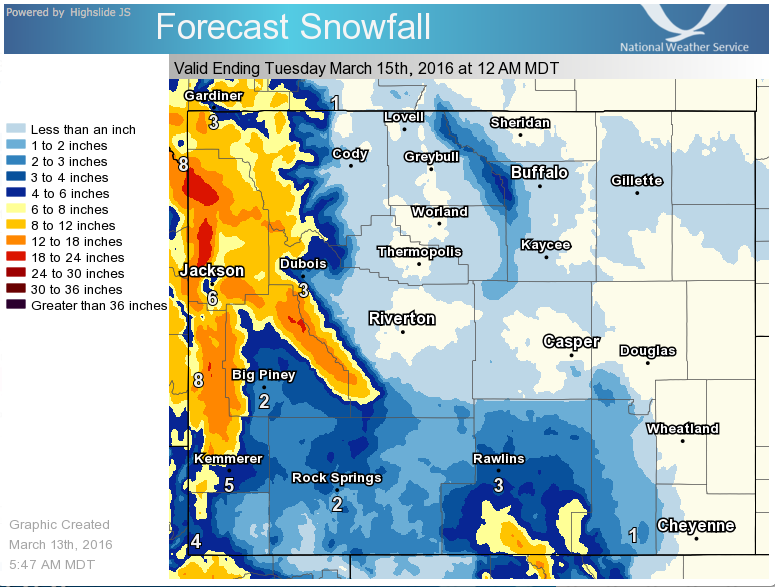 "Snow to return across the west today, and spread south and eastward Monday. A disturbance to return snow, heavy at times, across the west on today. Snow could spread southward Sunday night, and across much of the state on Monday. Snow accumulations of over a foot will be possible across the western mountains, with 2 to 6 inches possible across the western valleys." - NOAA Riverton, WY today