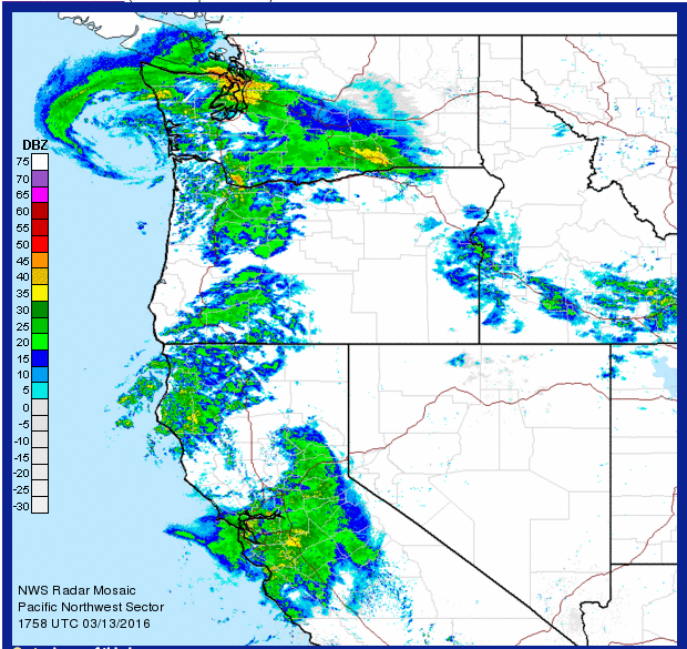 Radar of storm clobbering WA today at 11:00am. image: noaa, today