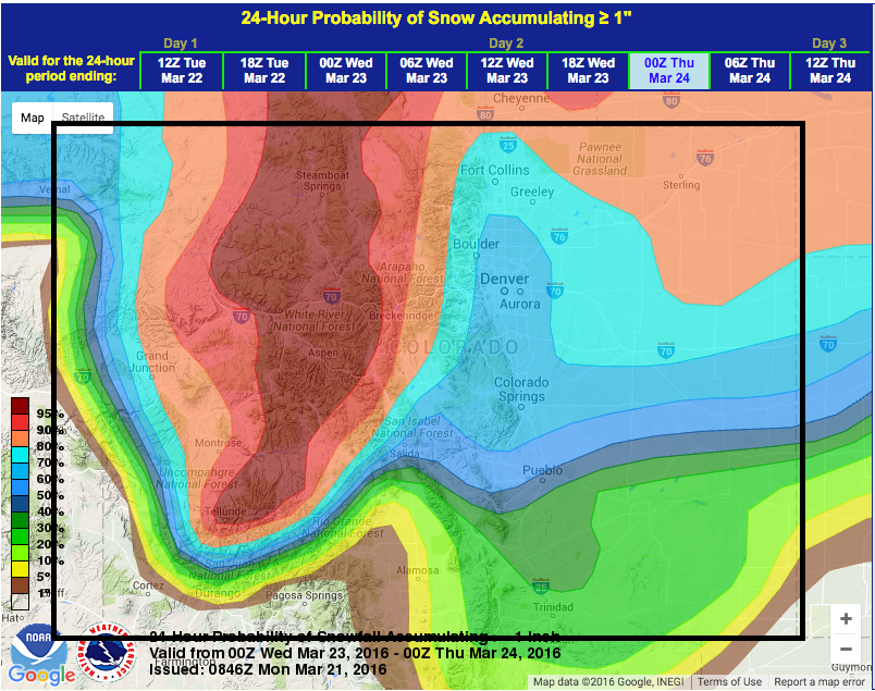 High probability of snowfall for CO on Wednesday. image: noaa, today