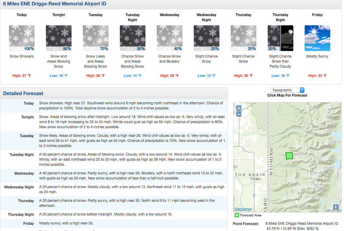 6-13" of snowfall forecast this week at Grand Targhee ski resort in WY. image: noaa, today