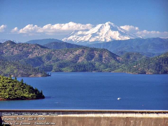 Shasta mountain, lake, and dam in June 2006. image:
