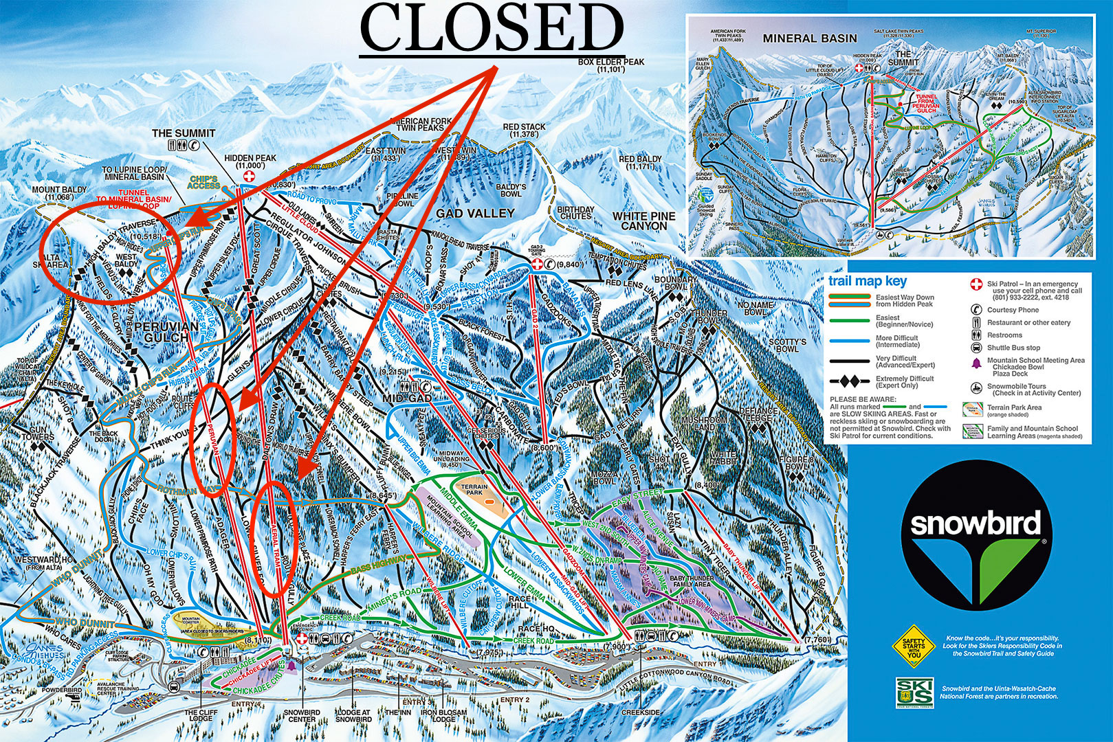 Map showing zones that will be closed beginning April 18th, 2016 at Snowbird, UT.
