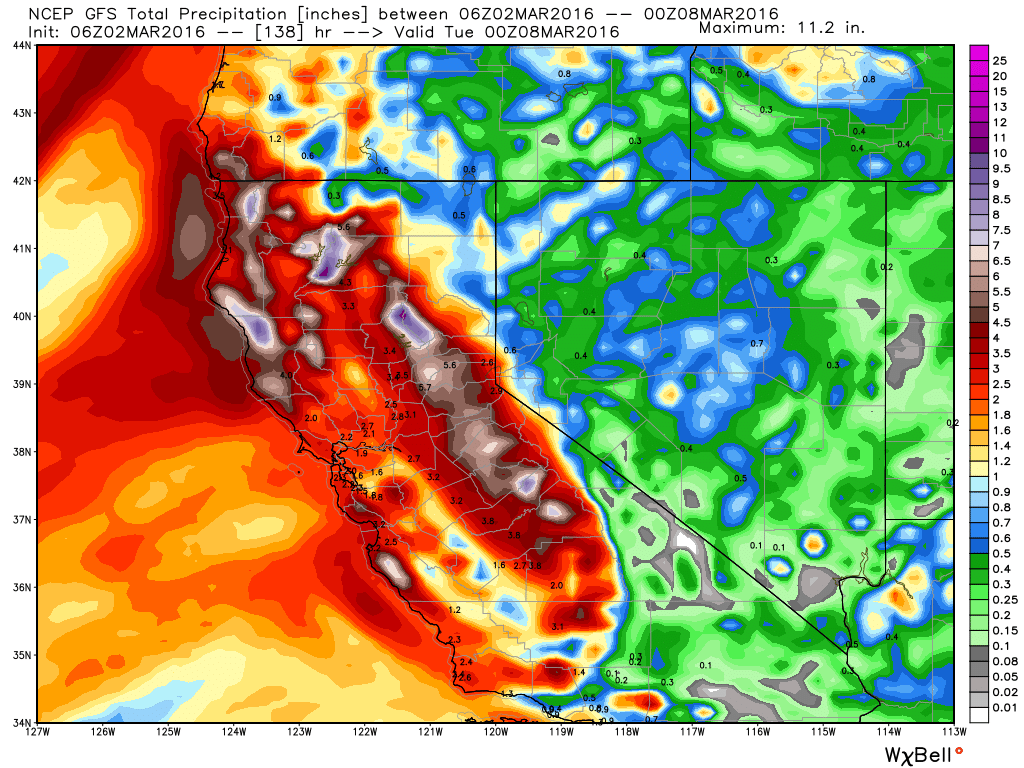 The GFS weather model showing around 2.5" of precipitation for the Sierra Nevada mountains of CA in the next 4 days. 2.5" of liquid precip. could equal around 2.5-feet of snow if it all comes as snow. 