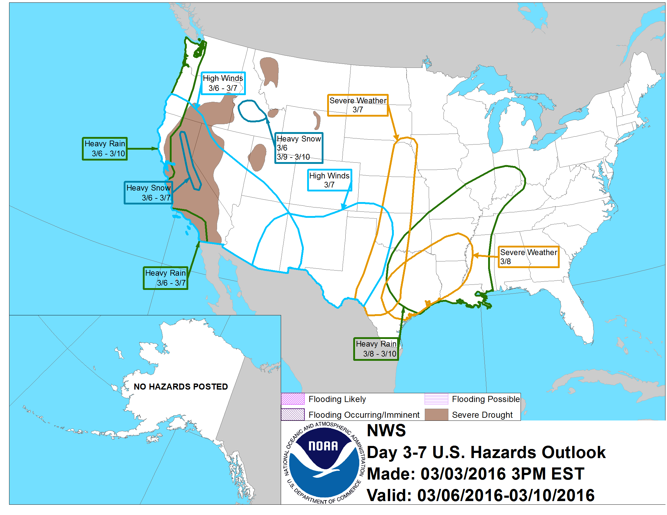 NOAA is forecasting "Heavy Snow" for California March 6-7th.  image:  noaa, today