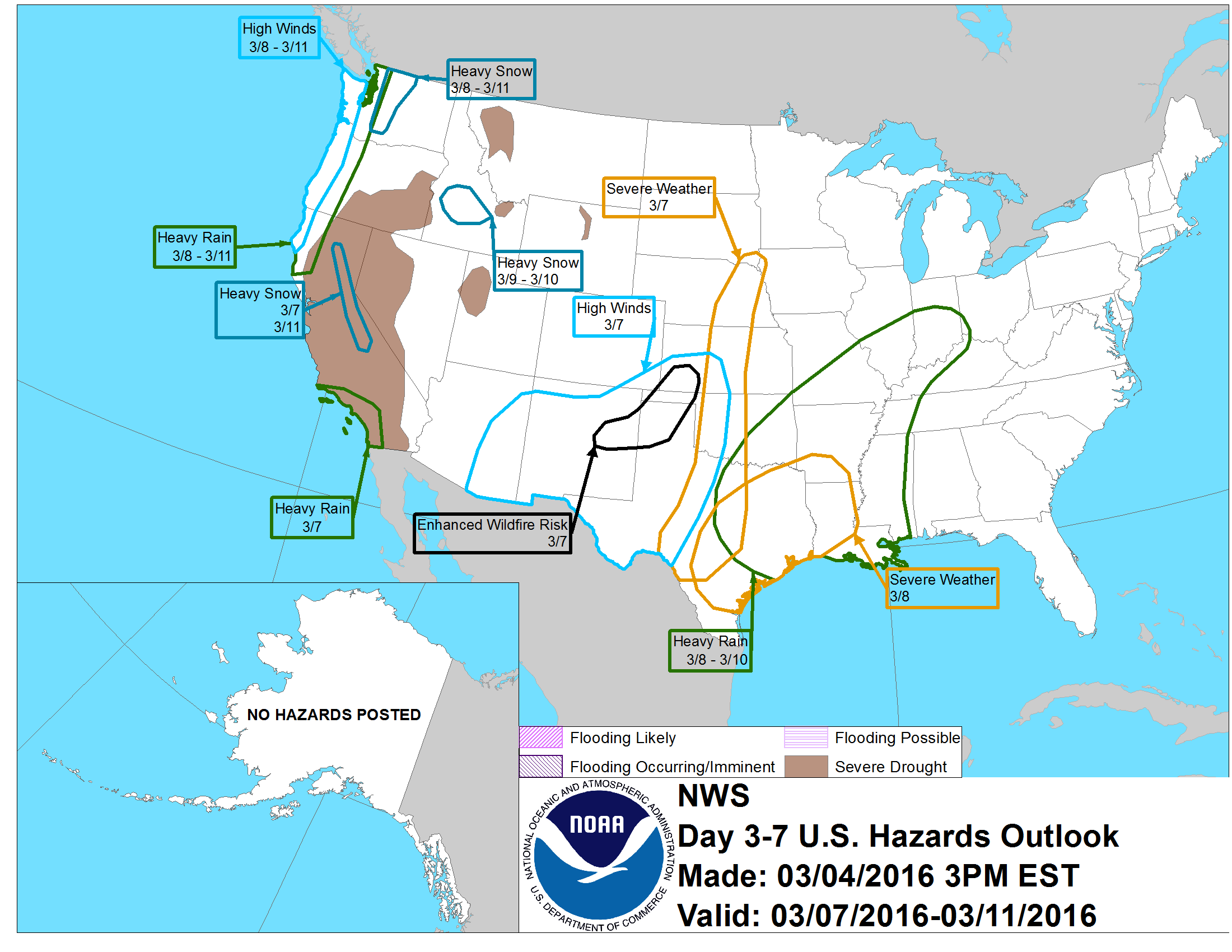 "Heavy Snow" forecast in CA from March 7-11th. image: noaa, today