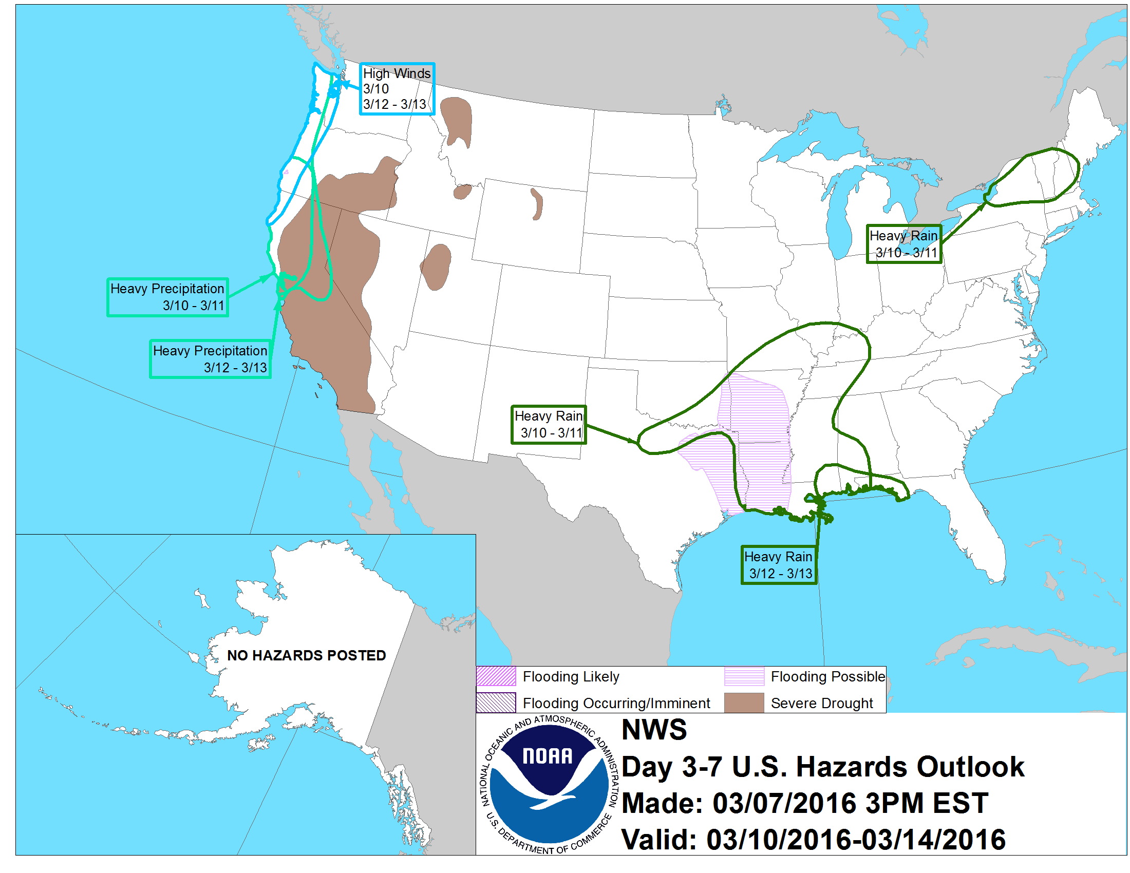 "Heavy Precipitation" forecast on the West Coast from March 10-13th. image: noaa, today