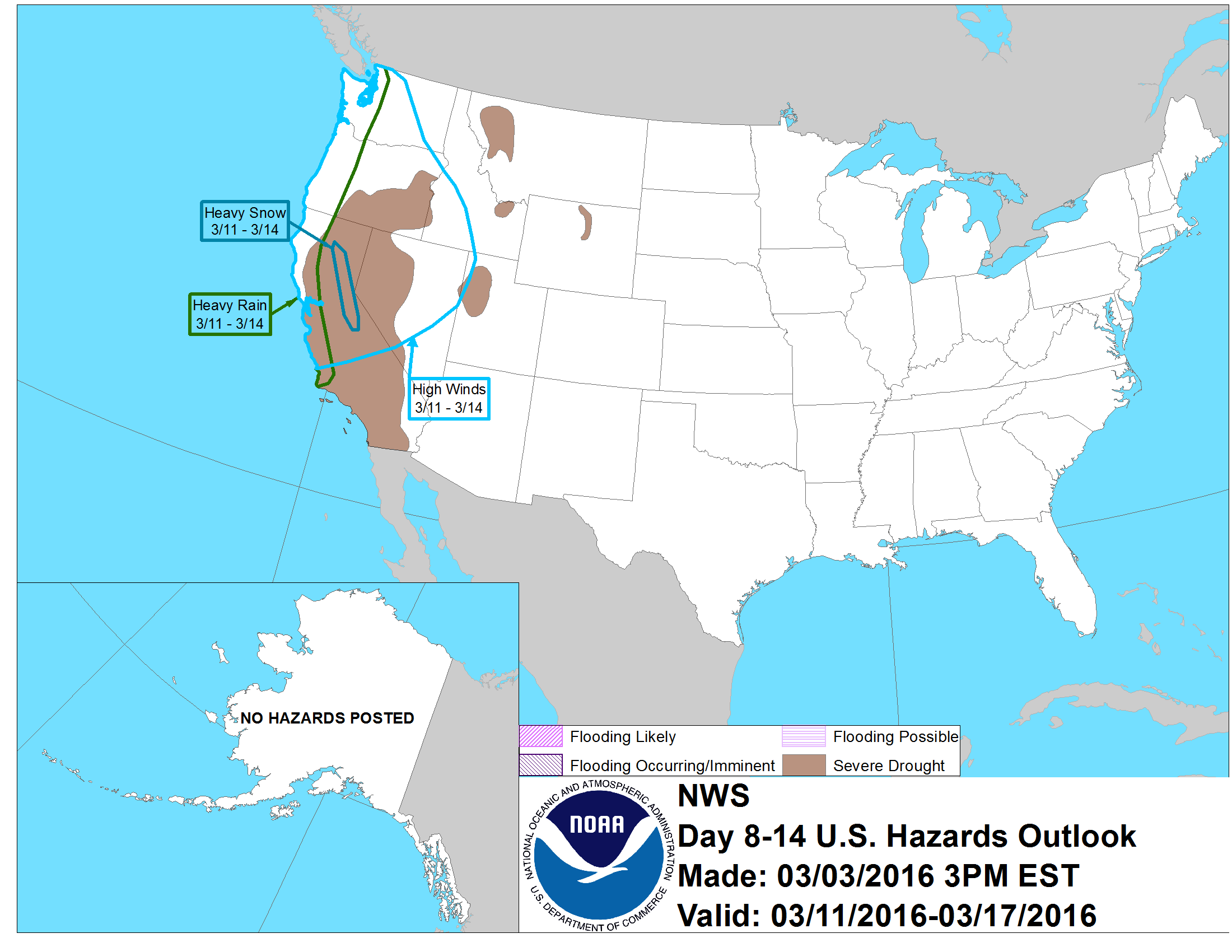 NOAA is forecasting "Heavy Snow" in California from March 11-14th.  image:  noaa, today