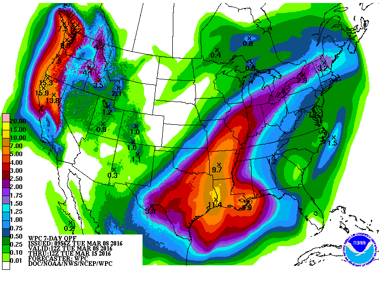 7-15" of liquid precipitation is forecast for the West Coast in the next 7-days.  Idaho, Wyoming, Utah, New Mexico, & Montana are all forecast to see 1" or more of liquid precipitation in the next week.