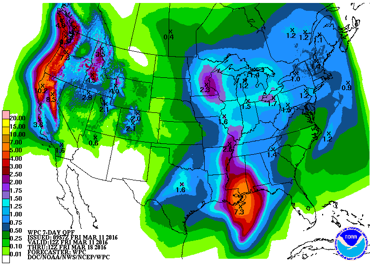 Lots of precipitation for CA in the 7-day forecast. image: noaa, today
