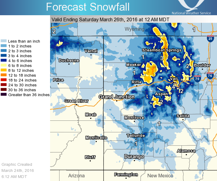 "Map of the expected snowfall from late this afternoon through Friday evening (March 25, 2016) Notice how the heaviest snowfall is located over the mountains of northern Colorado" - NOAA Denver, CO today