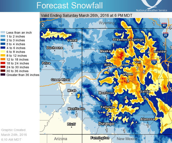 "Map of the expected snowfall from tonight through Saturday evening (March 26, 2016) Notice how the heavier snowfall is shifting south! " - NOAA Denver, CO today