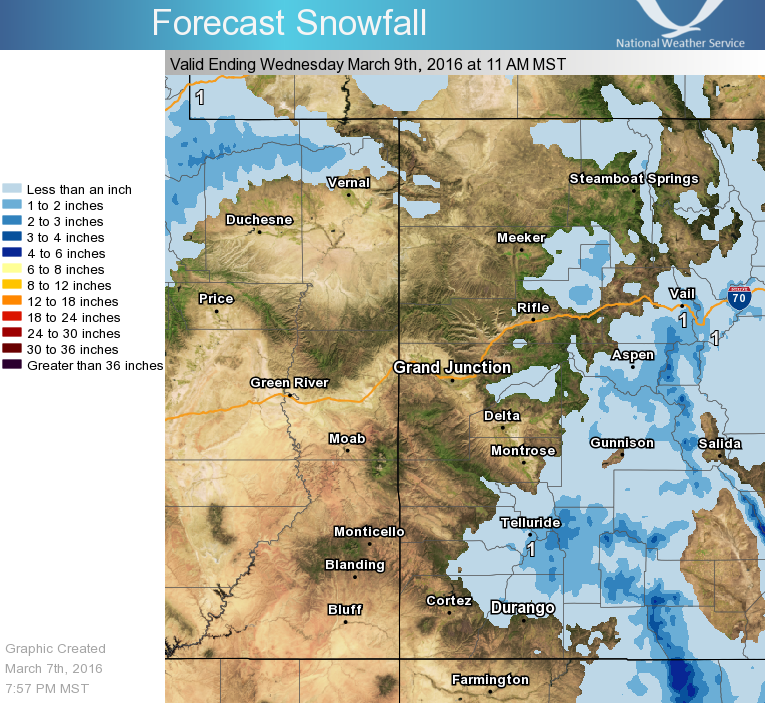 "A weak weather disturbance in northwest flow on Wednesday evening will bring light snow to the corridor from Rabbit Ears south to the west central Colorado mountains. Here are the very light amounts possible on Wednesday. After Wednesday, conditions are expected to dry out across eastern Utah and western Colorado. Stay tuned as the weather potentially becomes active again over the weekend and into early next week!" - NOAA Denver, CO today