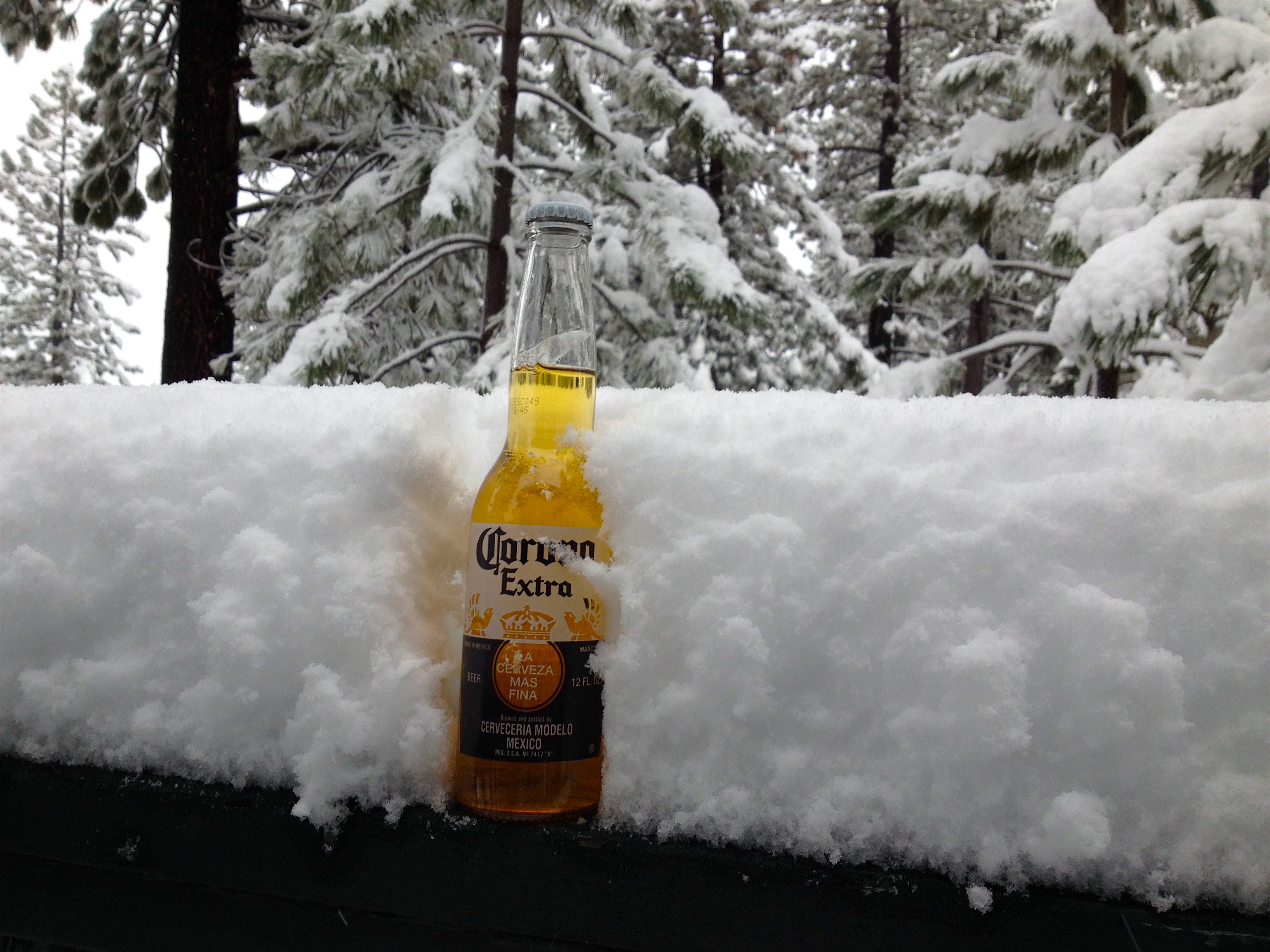 It was Corona deep at 4pm in Squaw. Same railing as shown above, just 4 hours later and 5" deeper. photo: snowbrains