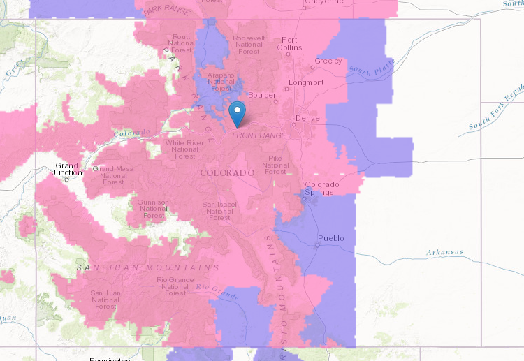PIN = Loveland, CO. Pink = Winter Storm Warning. image: noaa, today