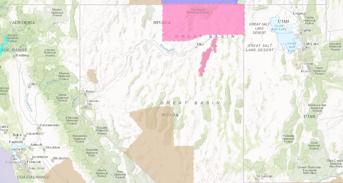 Ruby Mt.s = just next to Elko, NV and covered in pink. PINK = Winter Storm Warning. image: noaa, today