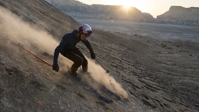 Fabian Lentsch and his crew of snowmads ski the dry lunar landscape of this Iranian desert.