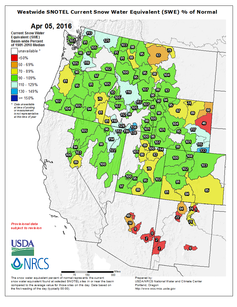 Snowpack data for the entire Western USA. image: nrcs, today