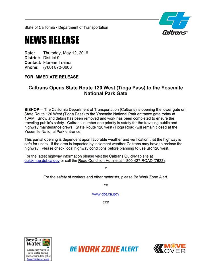 Caltrans press release about Tioga Pass opening today. 