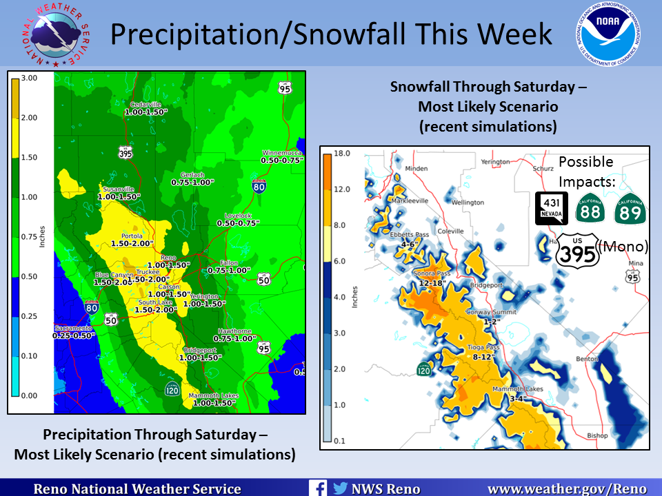 12-18" of snow forecast for Sonora Pass by Saturday. 8-12" forecast for Tioga Pass. image: noaa, today