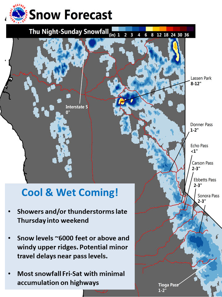 Snow forecast map for California this weekend. Snow levels down to 6,000-feet. image: noaa, today