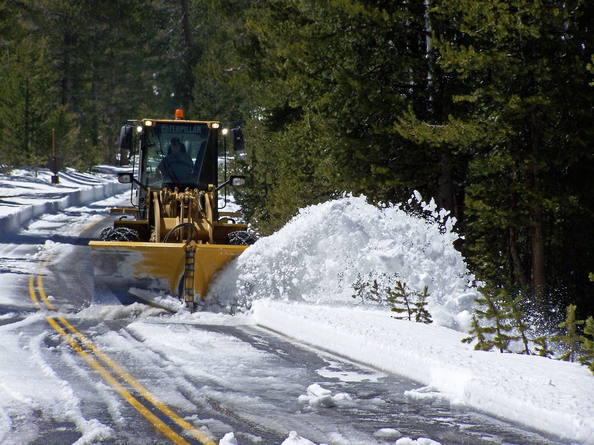 Snow plow on the first day of snow removal on Tioga Pass road at Porcupine Flat on April 17th, 2016.  image:  yosemite np
