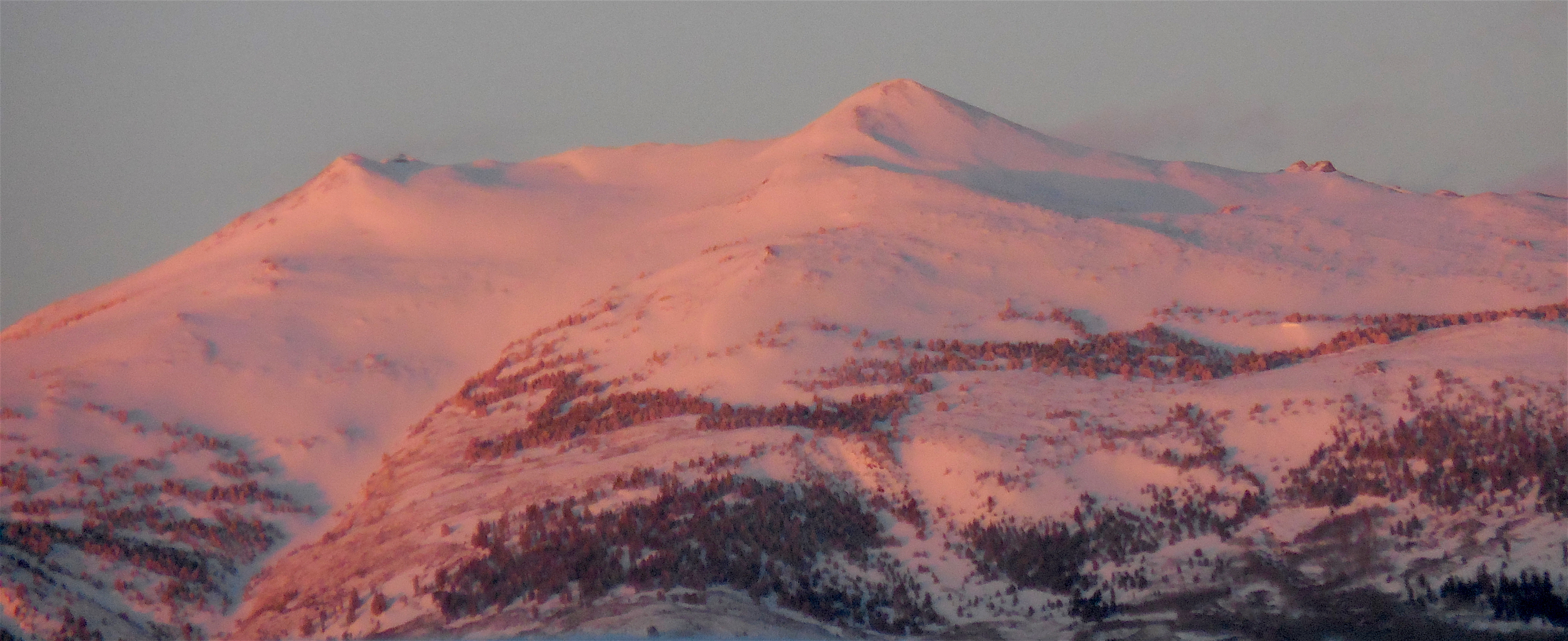 Morning alpenglow on peaks just north of Dunderberg Peak on Sunday.    photo: miles clark/snowbrains